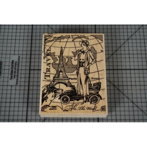 Stampabilities "See The World" Rubber Stamp OR1009 Paris Travel Large Wood Mount - Picture 1 of 5